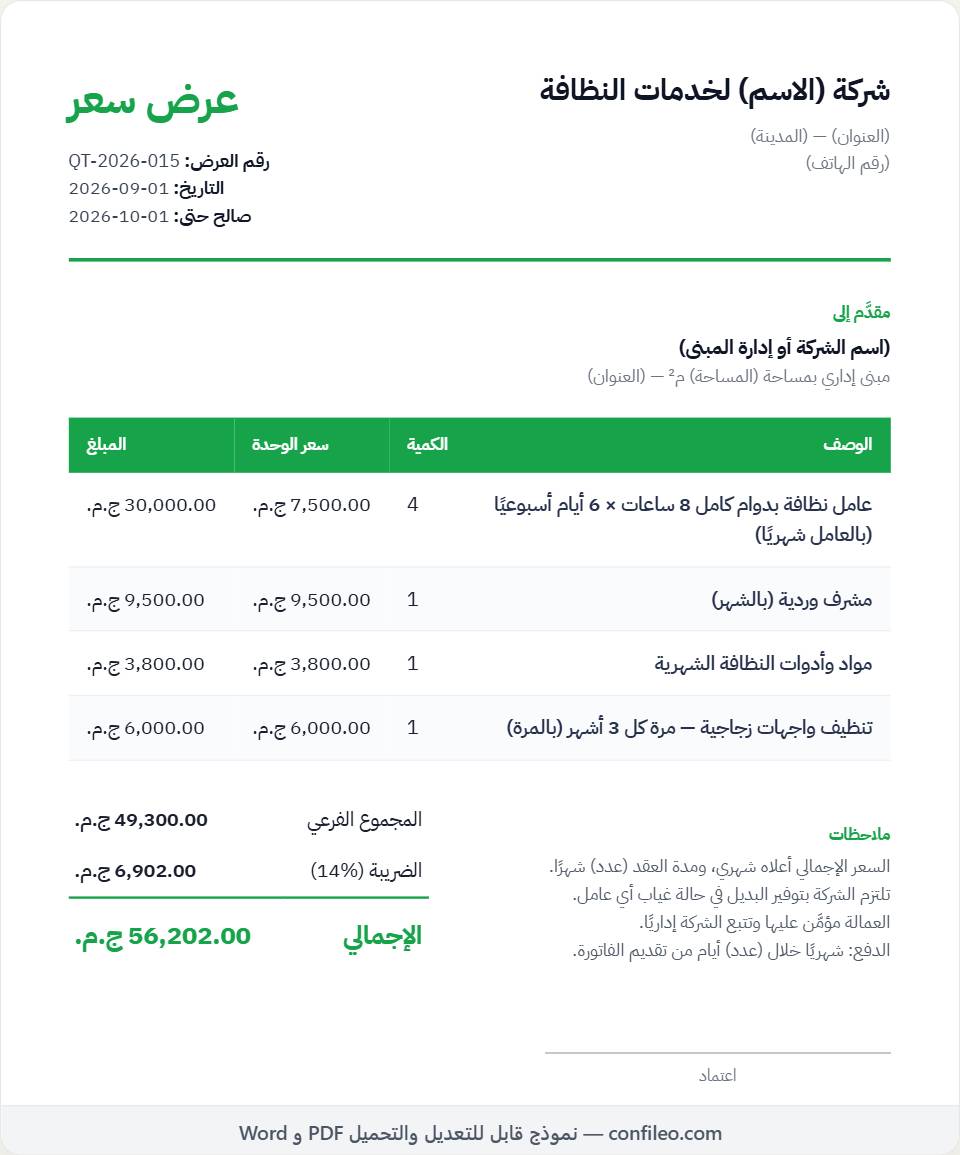 نموذج عرض سعر نظافة شهري لمبنى إداري